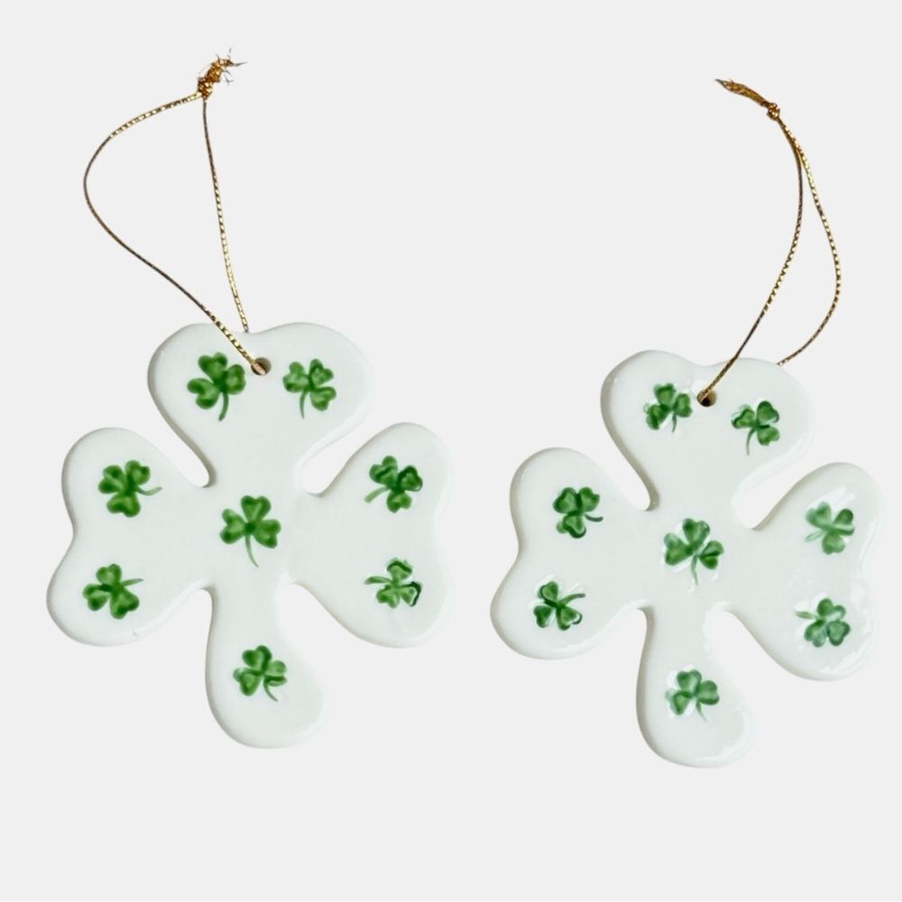 Shamrock Clover Shaped Pair of 2 Vintage VTG Christmas Tree Holiday Ornaments.